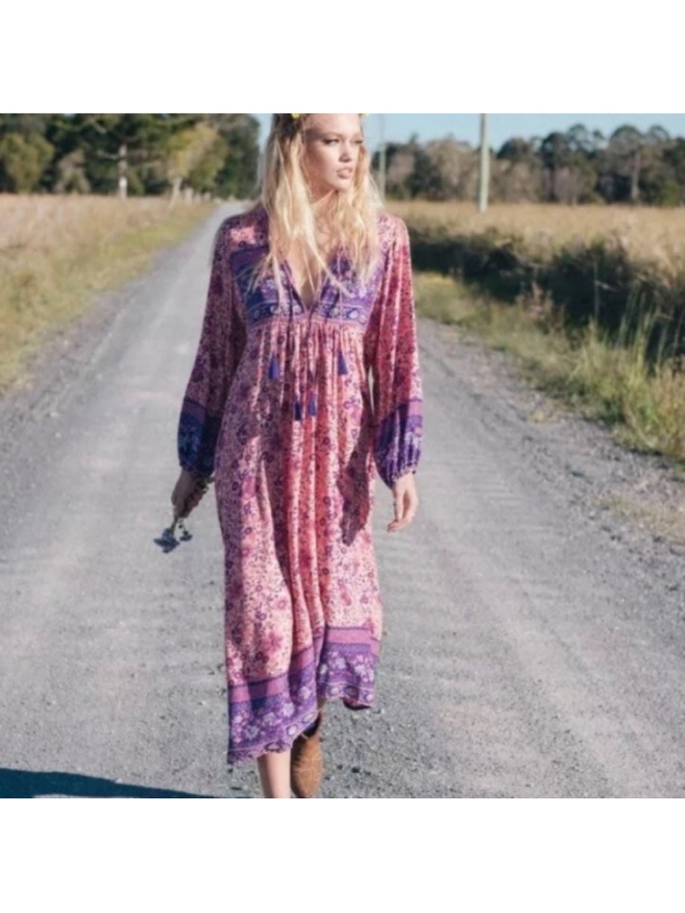 Spell folktown Pink and Purple Floral Boho Midi Dress